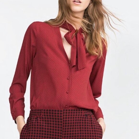 Zara Button Up Red & Black Polka Dot Long Sleeve Blouse Top Tie Neck sz Small - Picture 1 of 7